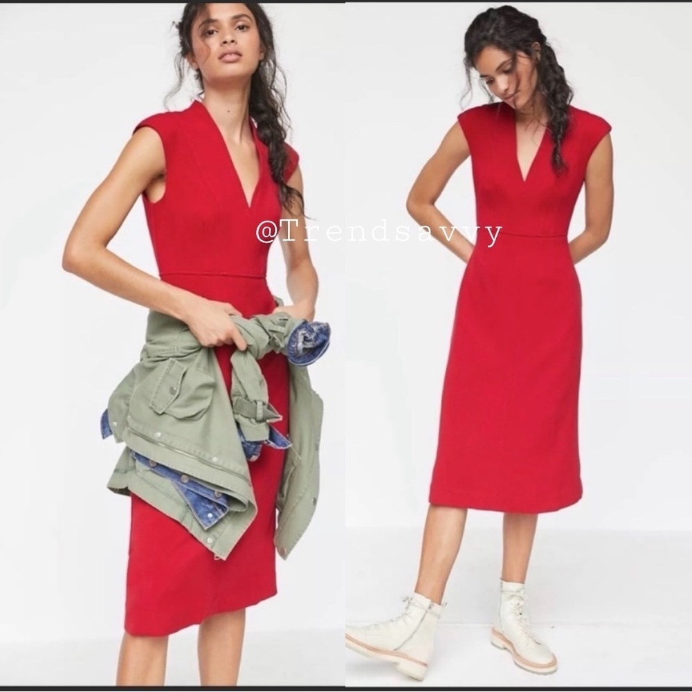 ANTHROPOLOGIE Novah Red V-Neck Midi Sheath Dress Petite 8P Career Occasion Dress